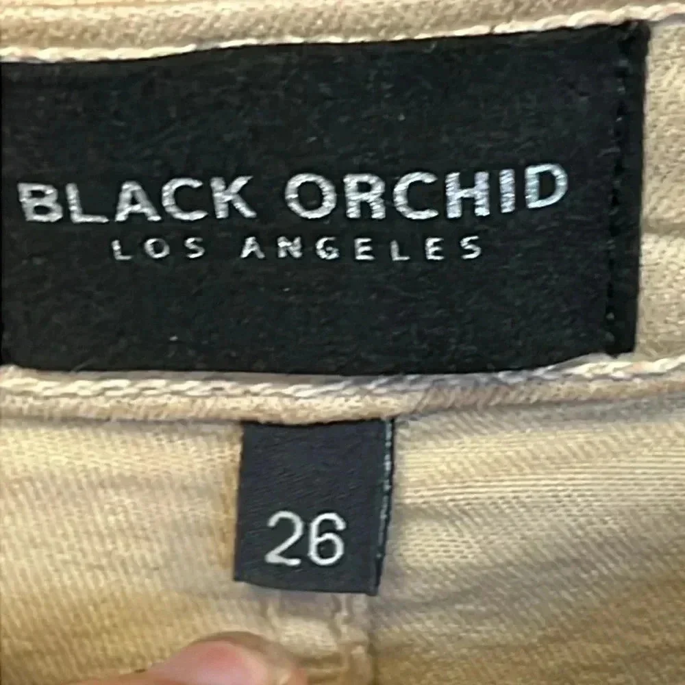 Women's Black Orchid LA Preworn Button Fly Khaki Jeans Fringed bottom sz 26 Y2K‎